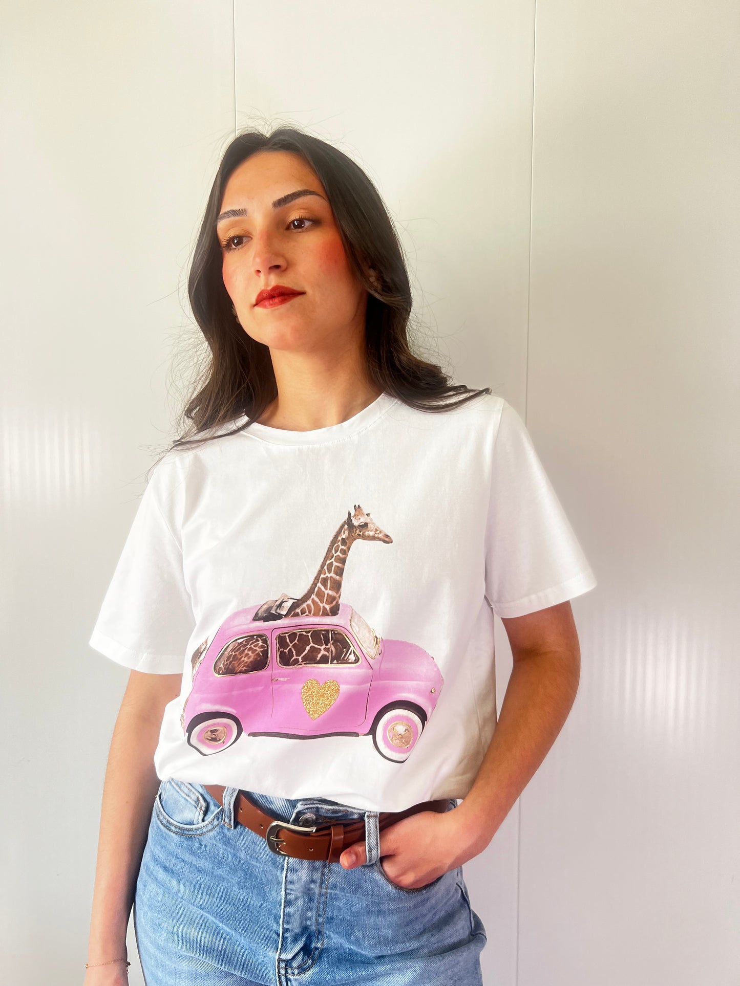 Camiseta jirafa rosa